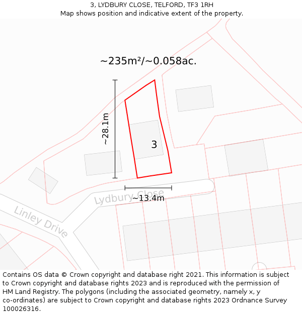 3, LYDBURY CLOSE, TELFORD, TF3 1RH: Plot and title map