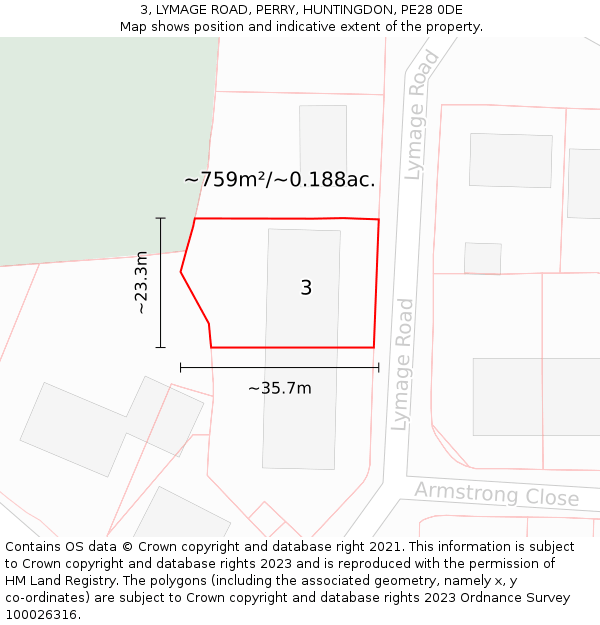 3, LYMAGE ROAD, PERRY, HUNTINGDON, PE28 0DE: Plot and title map