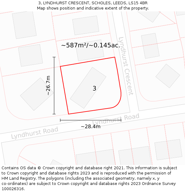 3, LYNDHURST CRESCENT, SCHOLES, LEEDS, LS15 4BR: Plot and title map