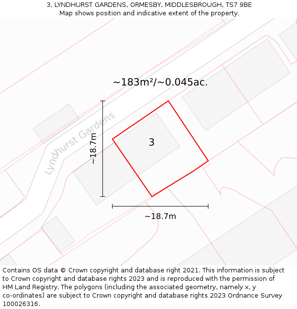 3, LYNDHURST GARDENS, ORMESBY, MIDDLESBROUGH, TS7 9BE: Plot and title map