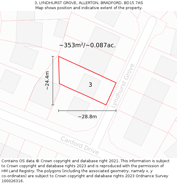 3, LYNDHURST GROVE, ALLERTON, BRADFORD, BD15 7AS: Plot and title map