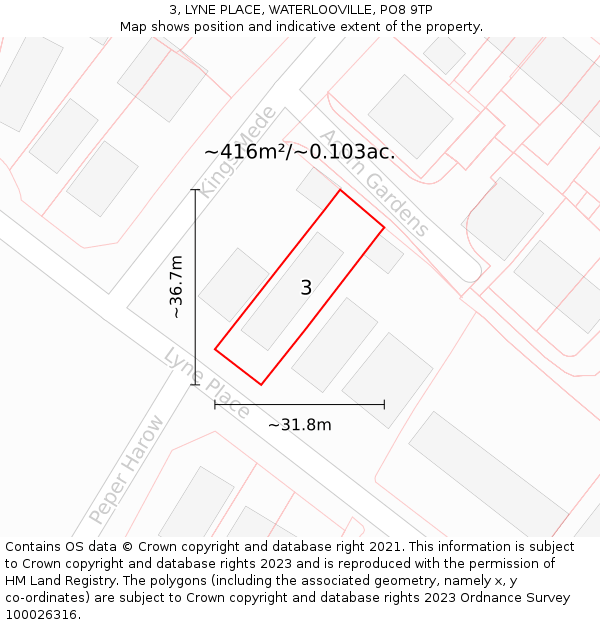 3, LYNE PLACE, WATERLOOVILLE, PO8 9TP: Plot and title map