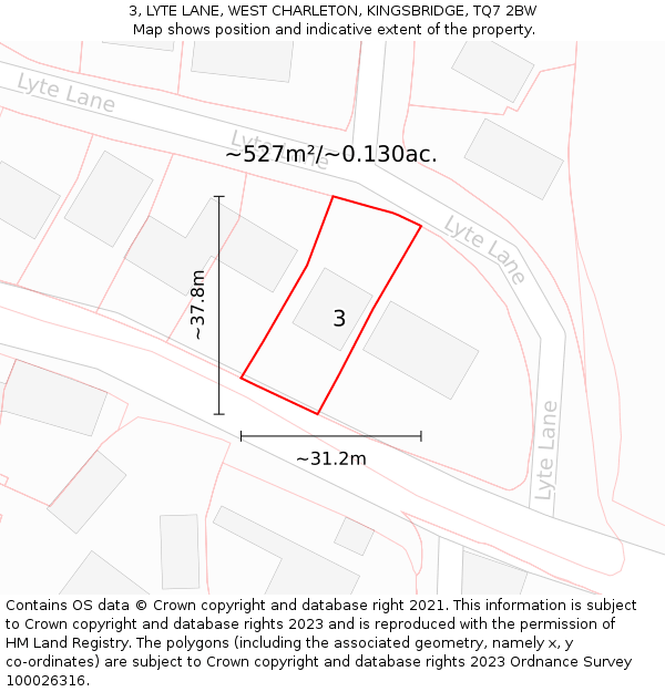3, LYTE LANE, WEST CHARLETON, KINGSBRIDGE, TQ7 2BW: Plot and title map