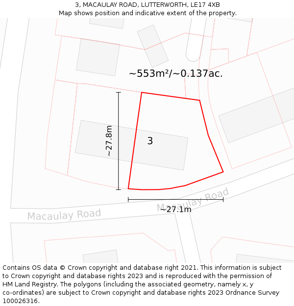 3, MACAULAY ROAD, LUTTERWORTH, LE17 4XB: Plot and title map