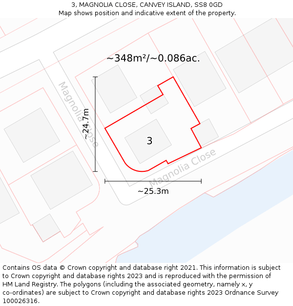 3, MAGNOLIA CLOSE, CANVEY ISLAND, SS8 0GD: Plot and title map