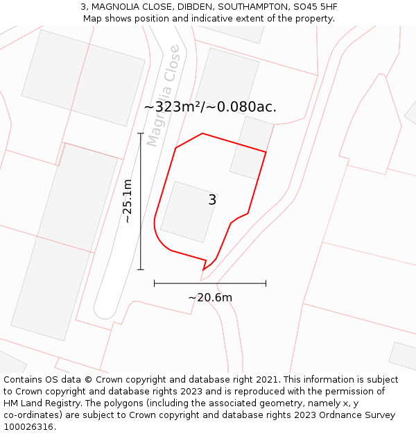 3, MAGNOLIA CLOSE, DIBDEN, SOUTHAMPTON, SO45 5HF: Plot and title map