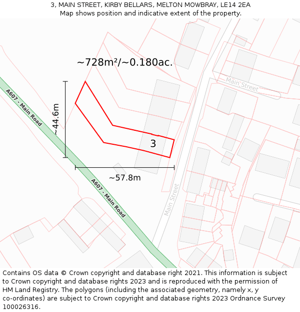 3, MAIN STREET, KIRBY BELLARS, MELTON MOWBRAY, LE14 2EA: Plot and title map