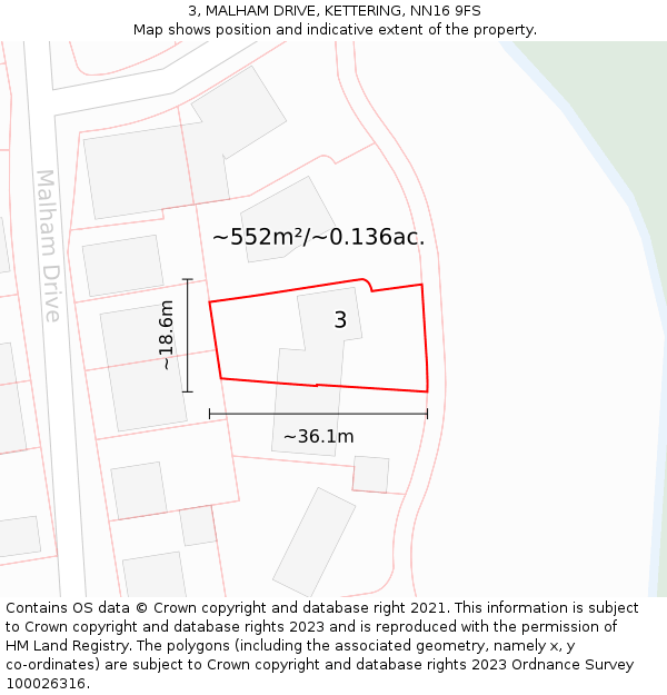 3, MALHAM DRIVE, KETTERING, NN16 9FS: Plot and title map