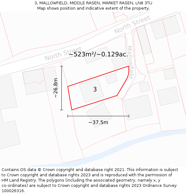 3, MALLOWFIELD, MIDDLE RASEN, MARKET RASEN, LN8 3TU: Plot and title map