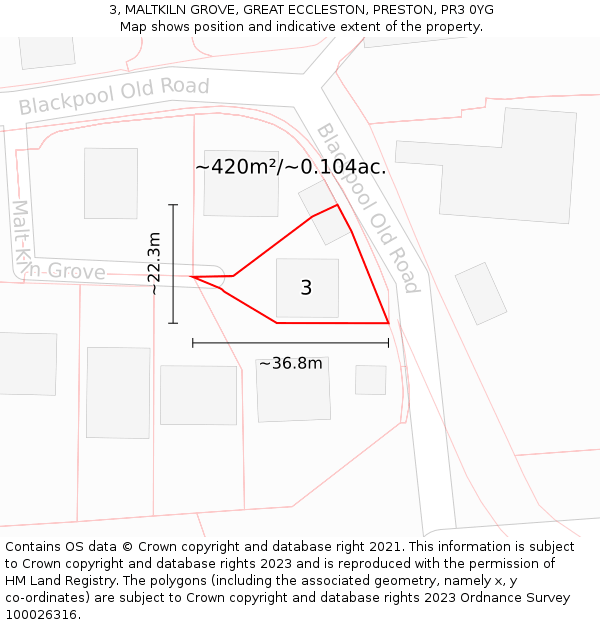 3, MALTKILN GROVE, GREAT ECCLESTON, PRESTON, PR3 0YG: Plot and title map
