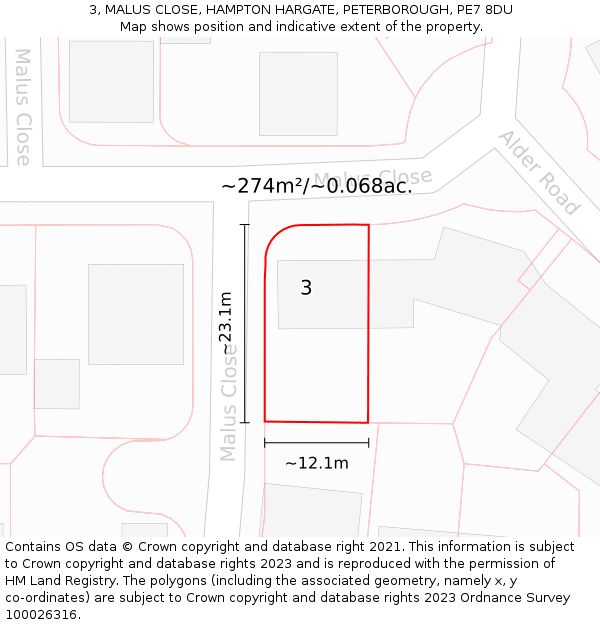 3, MALUS CLOSE, HAMPTON HARGATE, PETERBOROUGH, PE7 8DU: Plot and title map