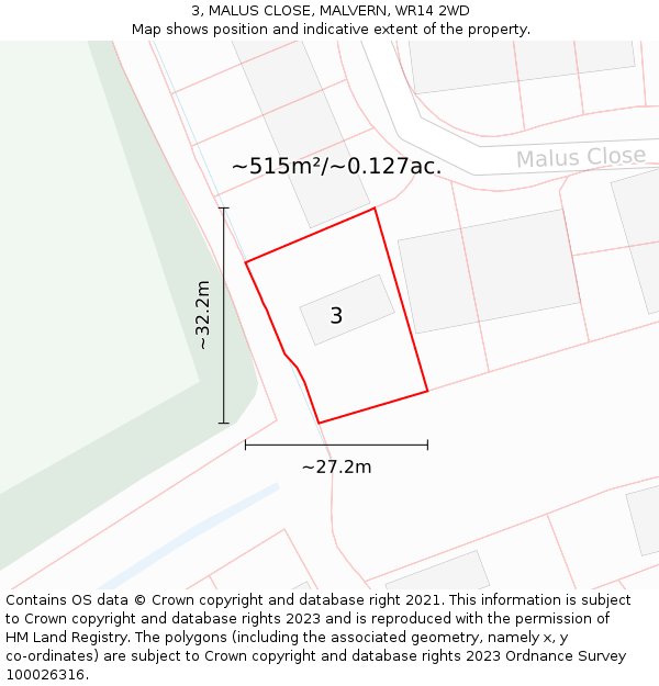 3, MALUS CLOSE, MALVERN, WR14 2WD: Plot and title map
