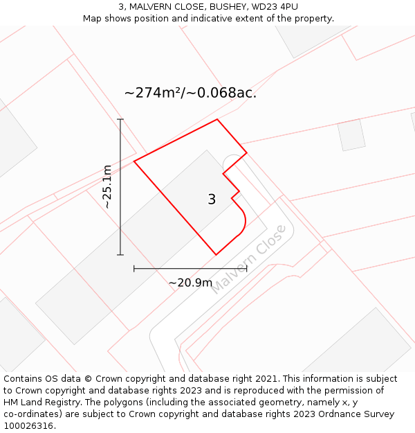3, MALVERN CLOSE, BUSHEY, WD23 4PU: Plot and title map