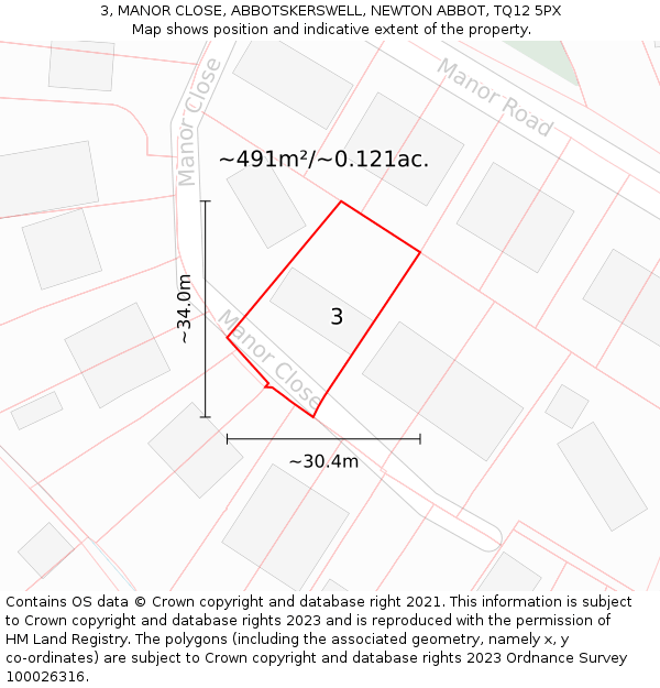 3, MANOR CLOSE, ABBOTSKERSWELL, NEWTON ABBOT, TQ12 5PX: Plot and title map