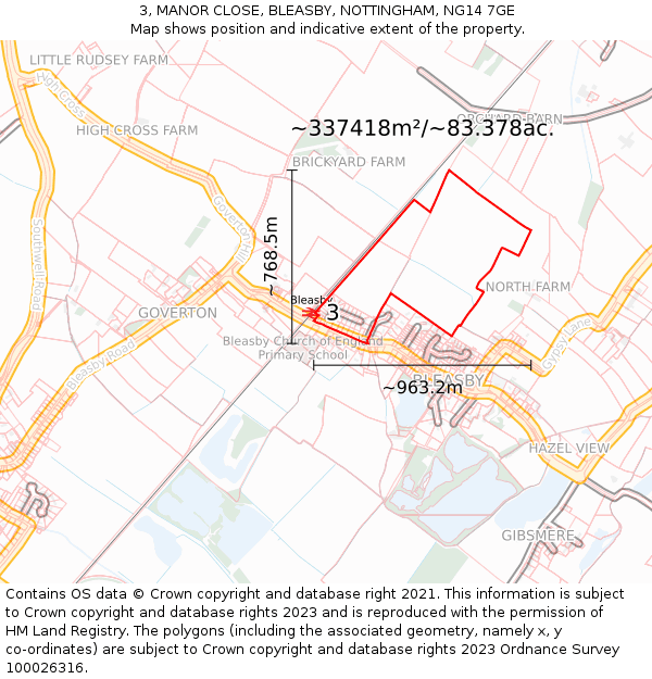 3, MANOR CLOSE, BLEASBY, NOTTINGHAM, NG14 7GE: Plot and title map