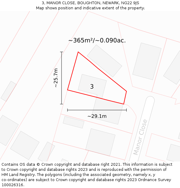 3, MANOR CLOSE, BOUGHTON, NEWARK, NG22 9JS: Plot and title map