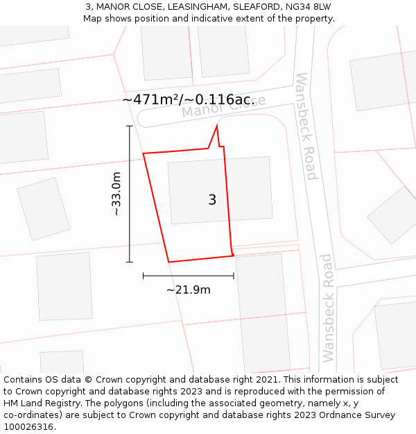 3, MANOR CLOSE, LEASINGHAM, SLEAFORD, NG34 8LW: Plot and title map