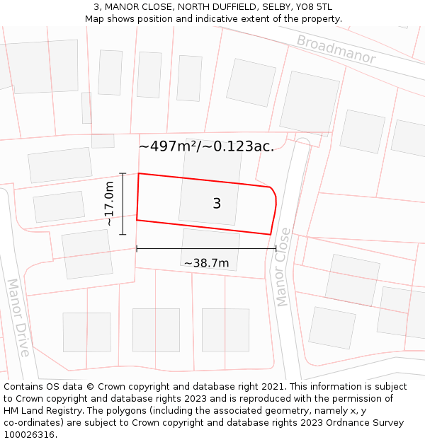 3, MANOR CLOSE, NORTH DUFFIELD, SELBY, YO8 5TL: Plot and title map
