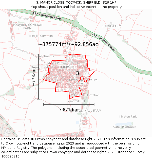 3, MANOR CLOSE, TODWICK, SHEFFIELD, S26 1HP: Plot and title map