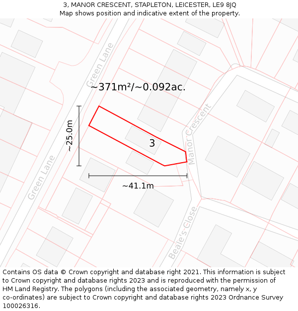 3, MANOR CRESCENT, STAPLETON, LEICESTER, LE9 8JQ: Plot and title map