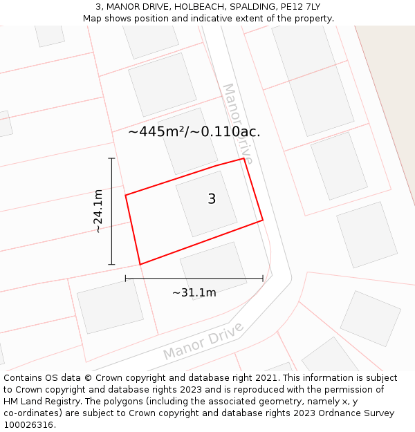 3, MANOR DRIVE, HOLBEACH, SPALDING, PE12 7LY: Plot and title map