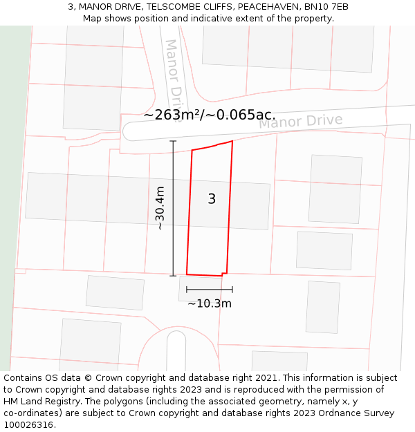 3, MANOR DRIVE, TELSCOMBE CLIFFS, PEACEHAVEN, BN10 7EB: Plot and title map