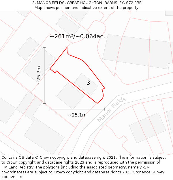 3, MANOR FIELDS, GREAT HOUGHTON, BARNSLEY, S72 0BF: Plot and title map