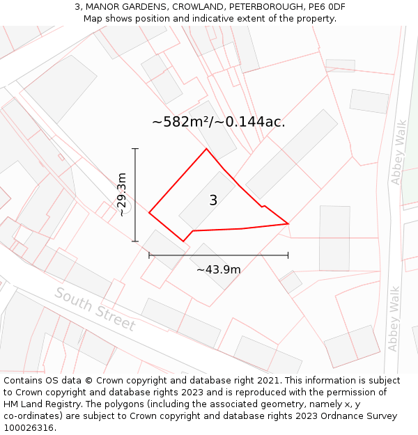 3, MANOR GARDENS, CROWLAND, PETERBOROUGH, PE6 0DF: Plot and title map
