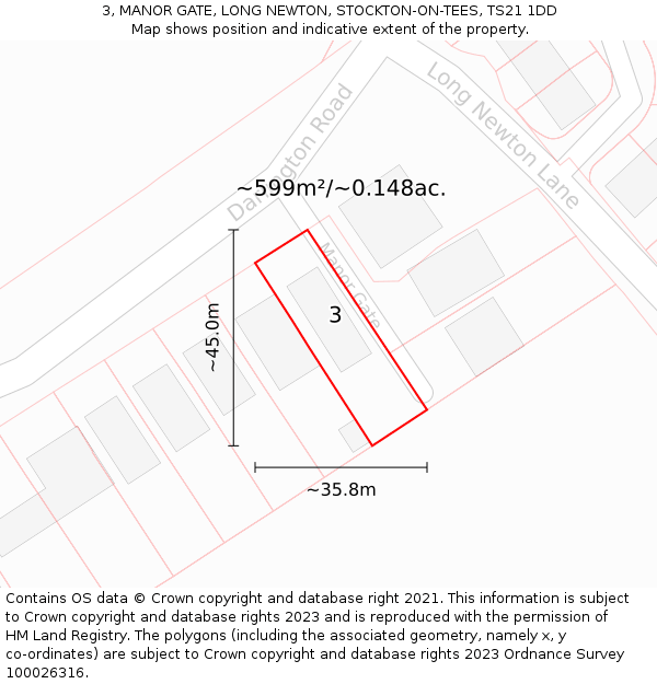 3, MANOR GATE, LONG NEWTON, STOCKTON-ON-TEES, TS21 1DD: Plot and title map