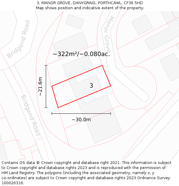 3, MANOR GROVE, DANYGRAIG, PORTHCAWL, CF36 5HD: Plot and title map