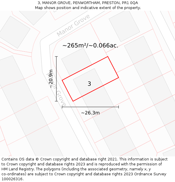 3, MANOR GROVE, PENWORTHAM, PRESTON, PR1 0QA: Plot and title map