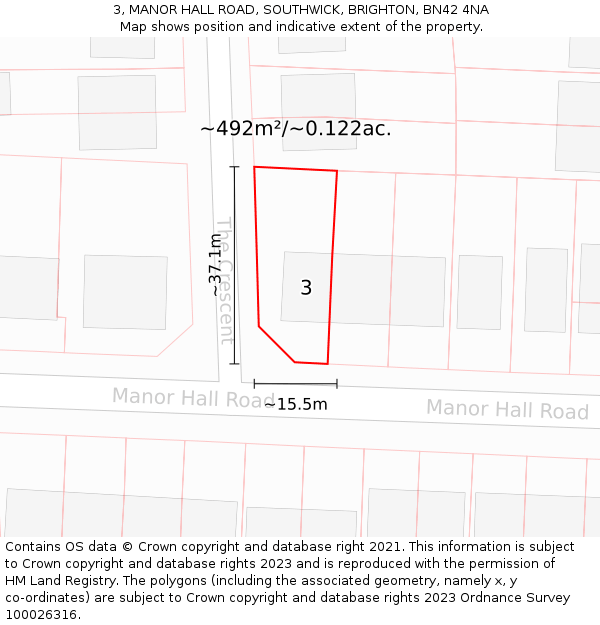 3, MANOR HALL ROAD, SOUTHWICK, BRIGHTON, BN42 4NA: Plot and title map