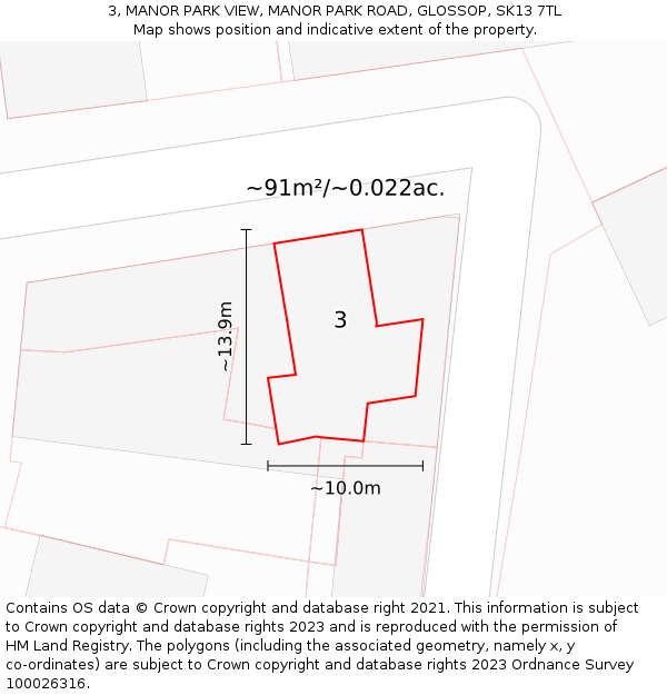 3, MANOR PARK VIEW, MANOR PARK ROAD, GLOSSOP, SK13 7TL: Plot and title map