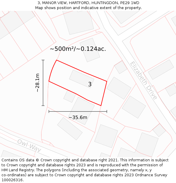 3, MANOR VIEW, HARTFORD, HUNTINGDON, PE29 1WD: Plot and title map