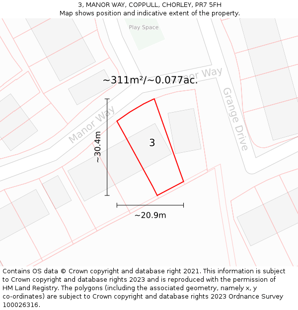 3, MANOR WAY, COPPULL, CHORLEY, PR7 5FH: Plot and title map