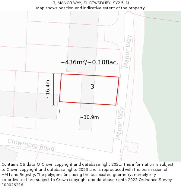 3, MANOR WAY, SHREWSBURY, SY2 5LN: Plot and title map