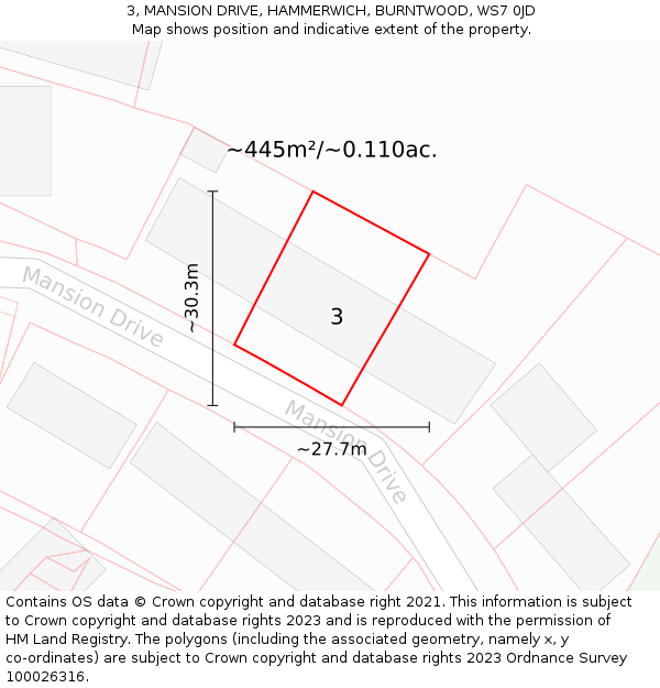 3, MANSION DRIVE, HAMMERWICH, BURNTWOOD, WS7 0JD: Plot and title map