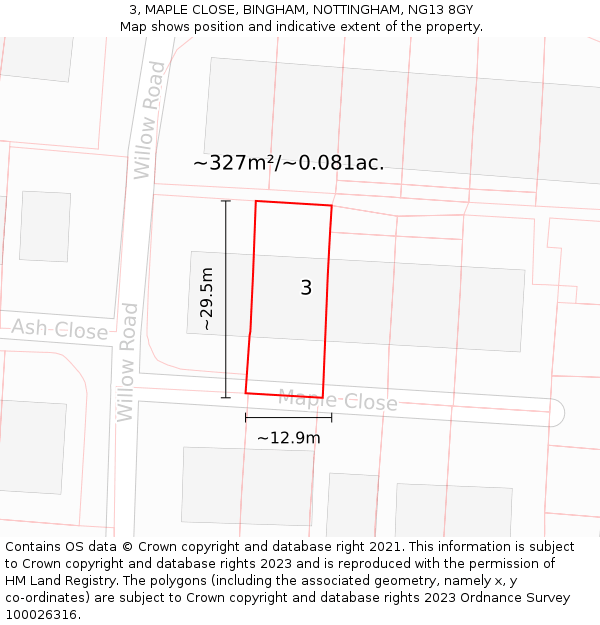 3, MAPLE CLOSE, BINGHAM, NOTTINGHAM, NG13 8GY: Plot and title map