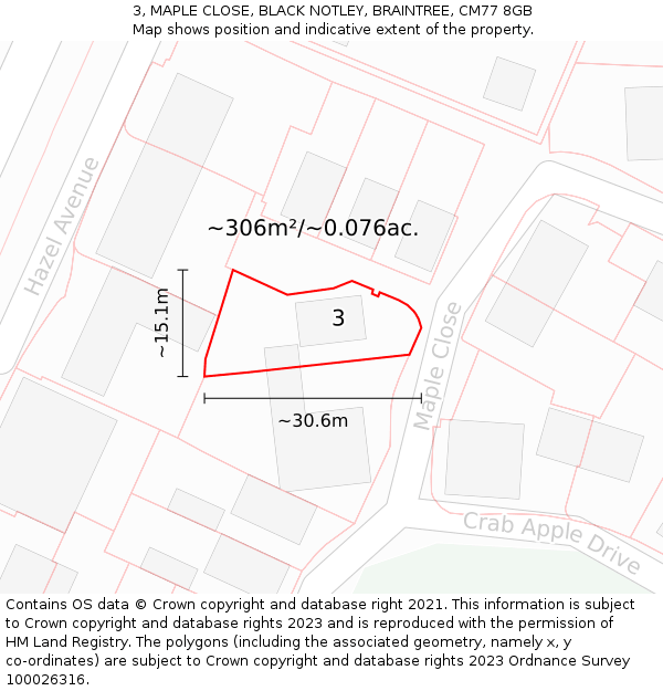 3, MAPLE CLOSE, BLACK NOTLEY, BRAINTREE, CM77 8GB: Plot and title map