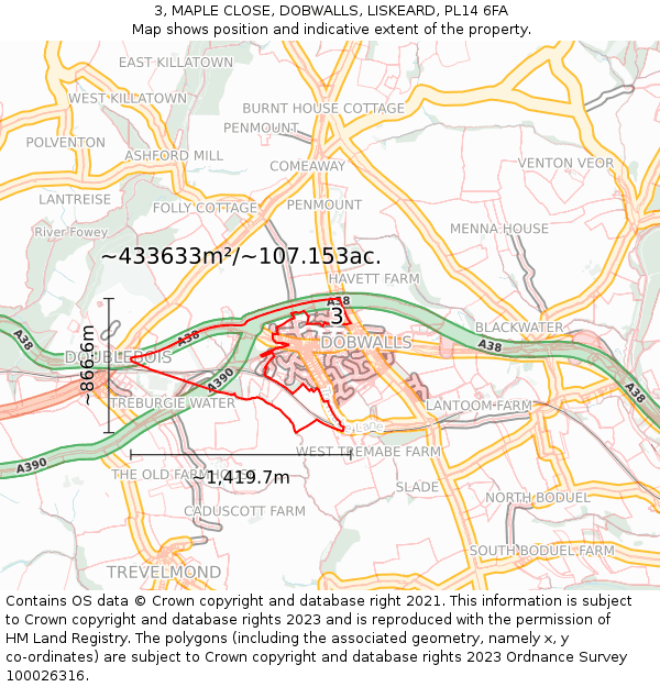 3, MAPLE CLOSE, DOBWALLS, LISKEARD, PL14 6FA: Plot and title map