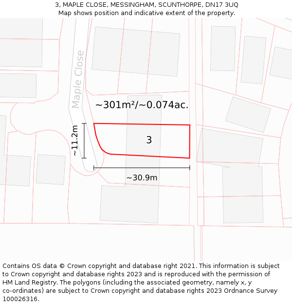 3, MAPLE CLOSE, MESSINGHAM, SCUNTHORPE, DN17 3UQ: Plot and title map