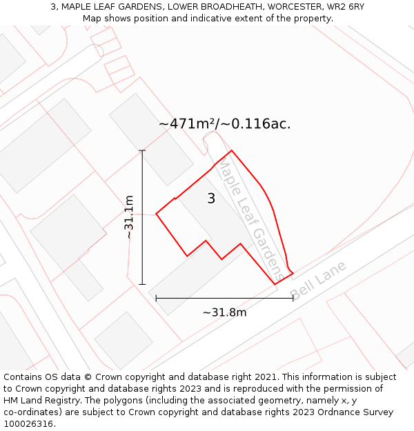 3, MAPLE LEAF GARDENS, LOWER BROADHEATH, WORCESTER, WR2 6RY: Plot and title map