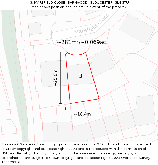 3, MAREFIELD CLOSE, BARNWOOD, GLOUCESTER, GL4 3TU: Plot and title map
