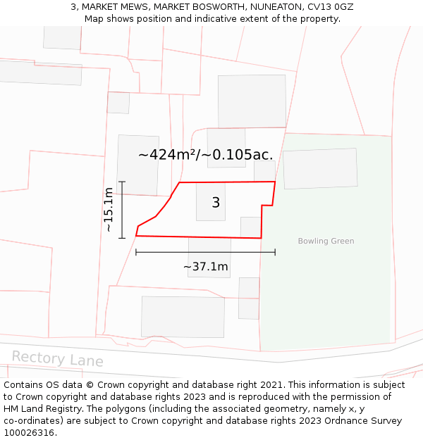 3, MARKET MEWS, MARKET BOSWORTH, NUNEATON, CV13 0GZ: Plot and title map