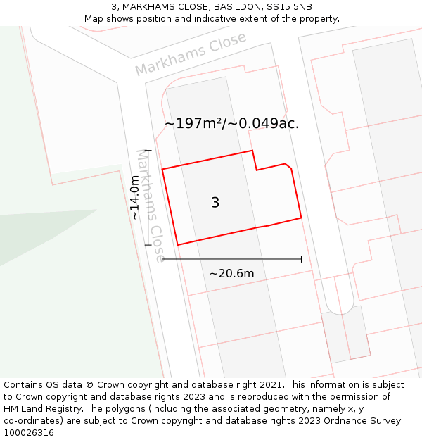 3, MARKHAMS CLOSE, BASILDON, SS15 5NB: Plot and title map