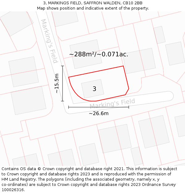 3, MARKINGS FIELD, SAFFRON WALDEN, CB10 2BB: Plot and title map