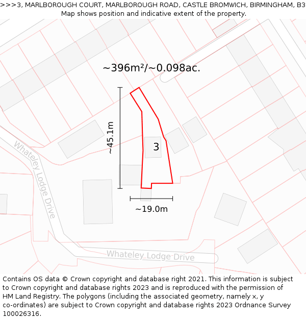 3, MARLBOROUGH COURT, MARLBOROUGH ROAD, CASTLE BROMWICH, BIRMINGHAM, B36 0EH: Plot and title map