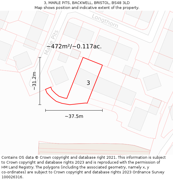 3, MARLE PITS, BACKWELL, BRISTOL, BS48 3LD: Plot and title map