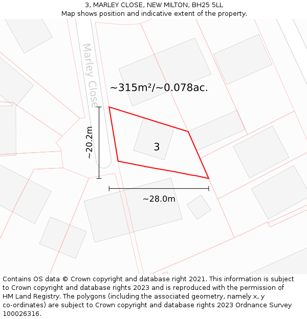 3, MARLEY CLOSE, NEW MILTON, BH25 5LL: Plot and title map