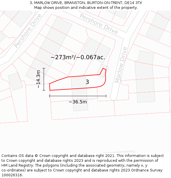 3, MARLOW DRIVE, BRANSTON, BURTON-ON-TRENT, DE14 3TX: Plot and title map